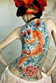 girls back wonderful koi flower tattoo pattern