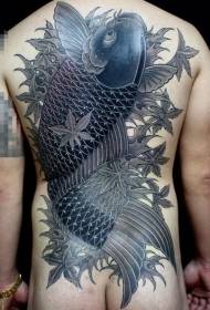 gizonezkoen bizkarra koi japoniarra eta astigarrak hosto tatuaje eredua
