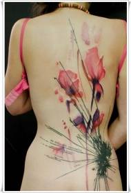 dziewczyna z powrotem w stylu przypominającym akwarele czerwony tatuaż kwiatowy wzór