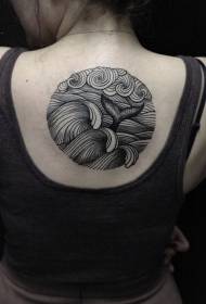 back retro style black and white ocean wave fishtail tattoo pattern