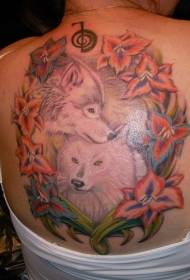 hrbtni barvni vzorec tatoo volk in cvet