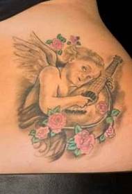 back happy little angel playing music and flower tattoo pattern
