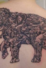 bizkarreko elefante gris beltza silueta hainbat animalia tatuaje ereduekin