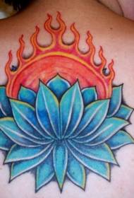 disegno del tatuaggio loto blu e sole sul retro