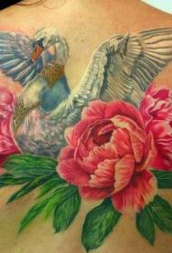 back two realistic peony flowers and swan tattoo pattern