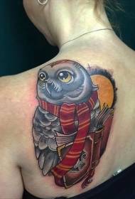 cartoon style beautiful color owl back tattoo pattern