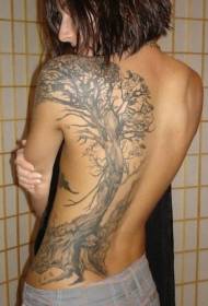 girl's back black gray portrait style big tree tattoo pattern  75663 - back realistic black tiger tattoo pattern