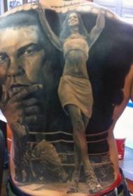 Very realistic black and white boxing theme character portrait full back tattoo pattern