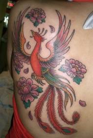 back cute phoenix and flower color tattoo pattern