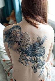 Back amazing black crow flowers with female portrait tattoo pattern