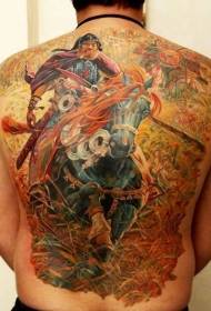back large color warrior and horse prairie tattoo pattern