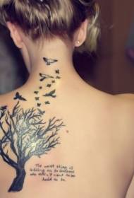 girls back black tree and bird letter tattoo pattern