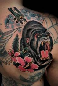 back gorilla negra cun motivi tatuaggi di fiori rosa