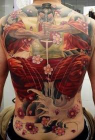 back colored Japanese big samurai cherry tattoo pattern