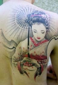 Elegantna gejša s uzorkom tetovaže kišobrana