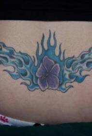 modello di tatuaggio posteriore fiamma blu e fiore viola