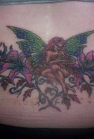 ウエスト赤い髪の妖精と緑翼の花のタトゥーパターン
