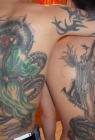 duas pessoas de volta estilo chinês dragão padrão de tatuagem Guan Gong Guanyin