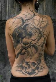 black crow and tree owl back tattoo pattern
