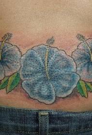 背部蓝色的芙蓉花纹身图案