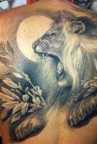back dangerous lion plant and moon tattoo pattern