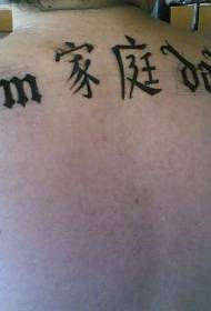 back pictographic Chinese characters and English alphabet tattoo pattern