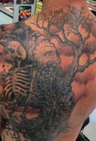 reen kun skeleto kaj monstra arbo tatuaje ŝablono