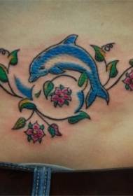 padrão de tatuagem de golfinho de cintura azul e flor videira