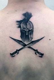 Natrag jednostavna crna špartanska kaciga i ukršteni uzorak tetovaže mača
