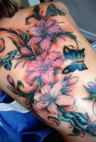 back incredible painted realistic flower with butterfly tattoo pattern