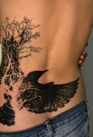waist black bird and tree tattoo pattern
