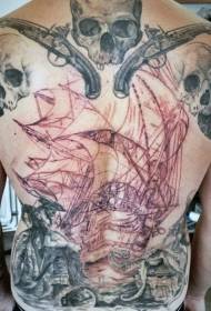 likod ng napakalaking itim at puting pirata na tema ng tattoo na tema