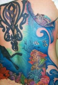 Back colored underwater world tattoo pattern