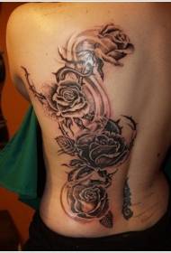 krāšņs muguras krāšņs melnbalts lielo rožu tetovējuma raksts