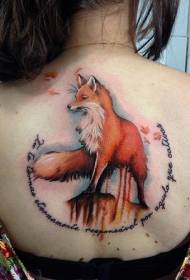Back natural colored big fox and letter tattoo pattern
