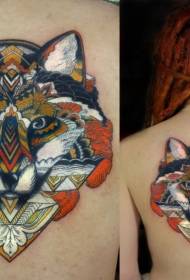 Back mysterious painted fox with decorative tattoo pattern