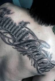 pola tato huruf ireng lan putih sing apik banget ing sisih mburi