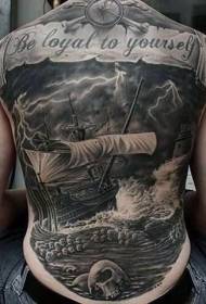 back nautical theme black and white sailing skull and letter tattoo pattern