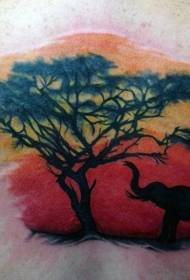 back interesting color big Elephant and tree tattoo pattern