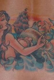 back dream mermaid with sailing tattoo pattern