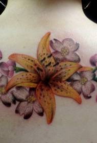 back colored lily and flower tattoo pattern