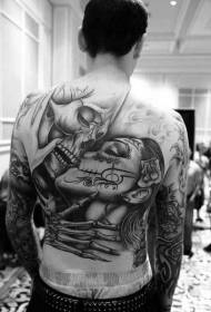 πίσω μεγάλη περιοχή μαύρο και άσπρο μοτίβο τατουάζ ζευγάρι μεξικάνικο κρανίο