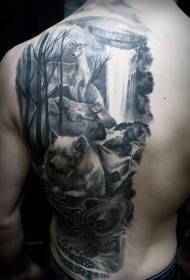 πίσω φυσικό τοπίο μαύρο και άσπρο μοτίβο τατουάζ άγριας ζωής
