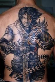 back mysterious knight with sword and iron chain tattoo pattern