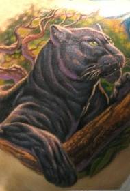 nazaj barvit panther in velik drevesni vzorec tatoo