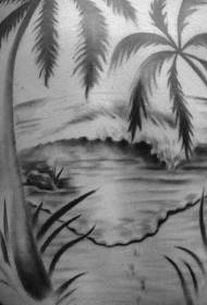 back very romantic black and white island landscape tattoo pattern