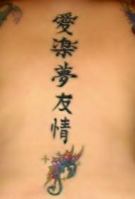 back China Wind Chinese characters with colored small flowers tattoo pattern