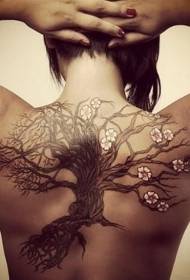 back impression of beautiful lonely tree flower tattoo pattern