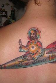 Baggrundsfarve-jesus, der sidder på et rumskibstatoveringsmønster