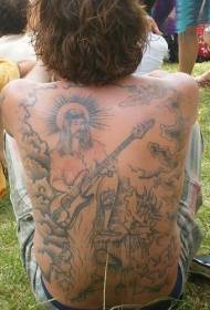Jesus playing guitar tattoo on the back